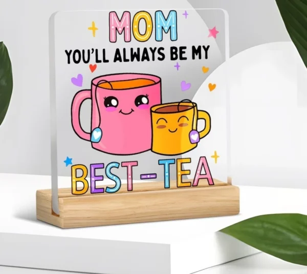 BS AMOR Mother and Child Teacup Decorative Acrylic Plaque With Wood Stand Decorative Showpiece