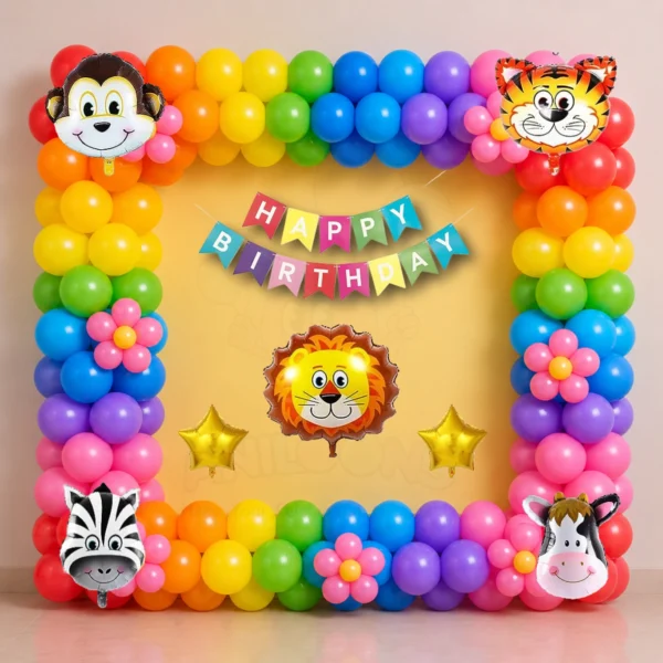 Rainbow Balloon Garland Square Frame Safari Birthday Decoration